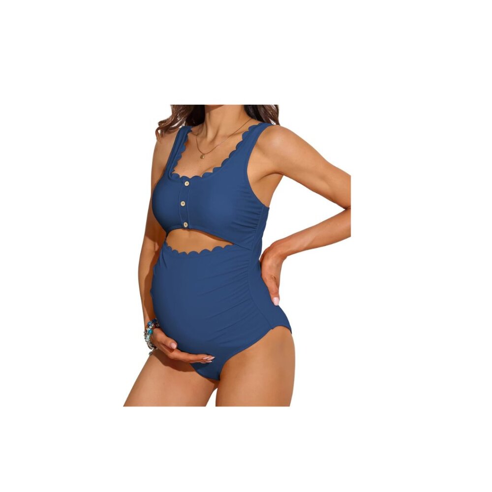 Scalloped Cutout Maternity One-Piece Swimsuit in Navy